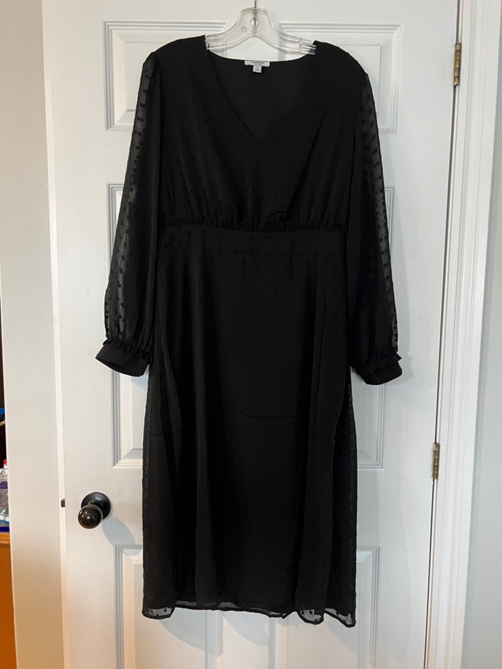 Isaac Mizrahi Black Long Sleeve V-Neck Midi Dress with Sheer Dot Sleeves